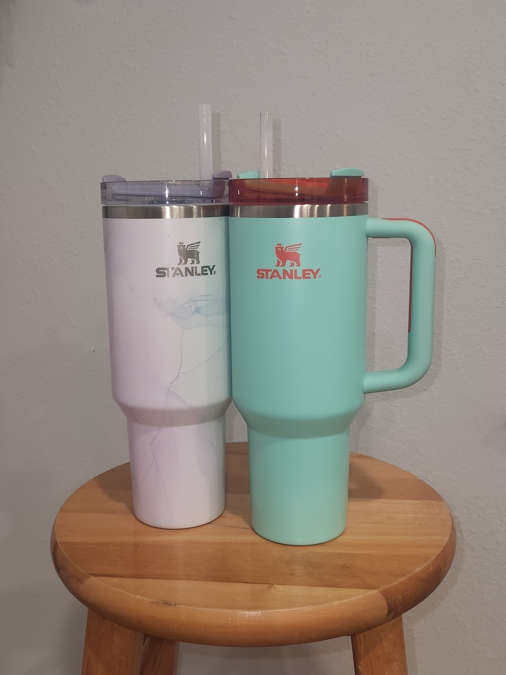 Stanley Mint Green and Stanley purple tye dye Travel Tumblers with straws